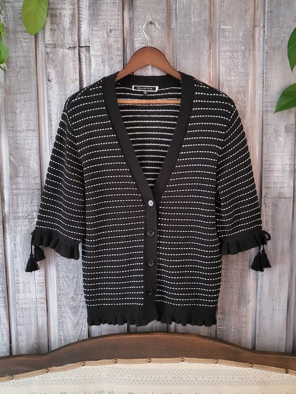 Melanie Lyne Linen Cotton Black White Striped Cardigan XL